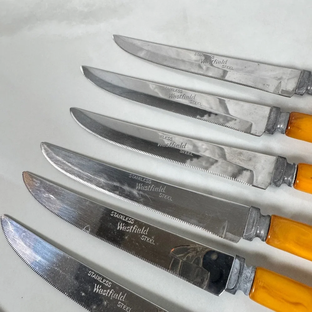 Westfield Stainless Carving Knife Fork 6 Steak Knives Set Butterscotch Bakelite